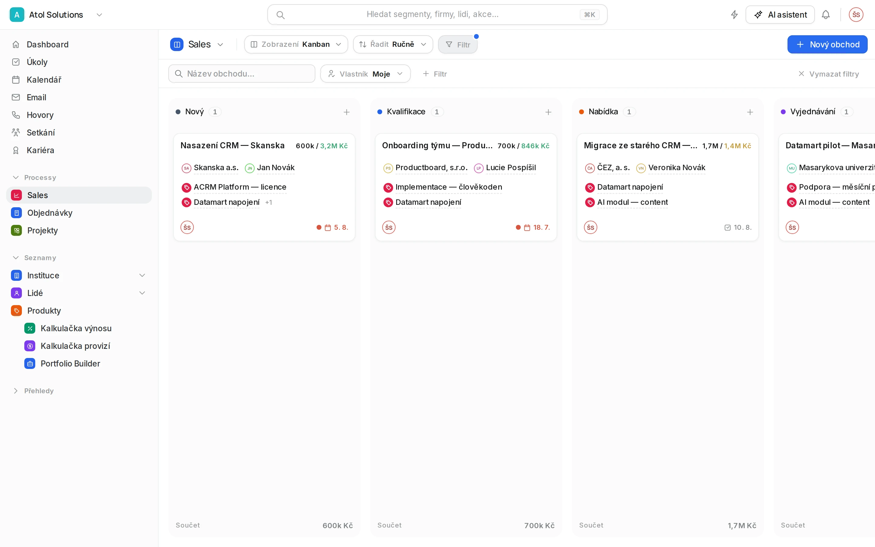 Sales pipeline v zobrazení Kanban: sloupce fází Nový, Kvalifikace, Nabídka a Vyjednávání s kartami obchodů.